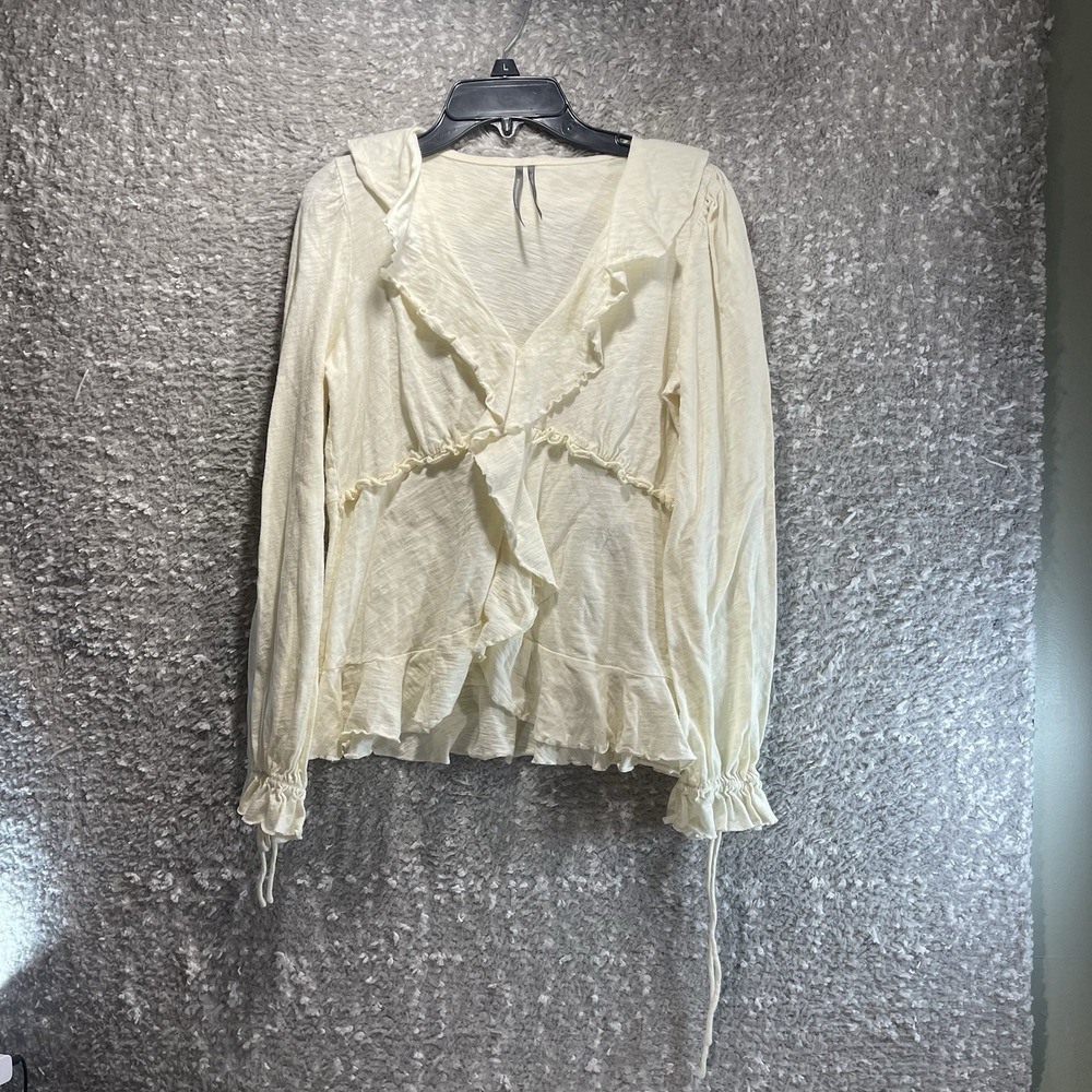 By Anthropologie Boho Peasant Ruffle Puff Long Sleeve Top S Tan Cotton‎
